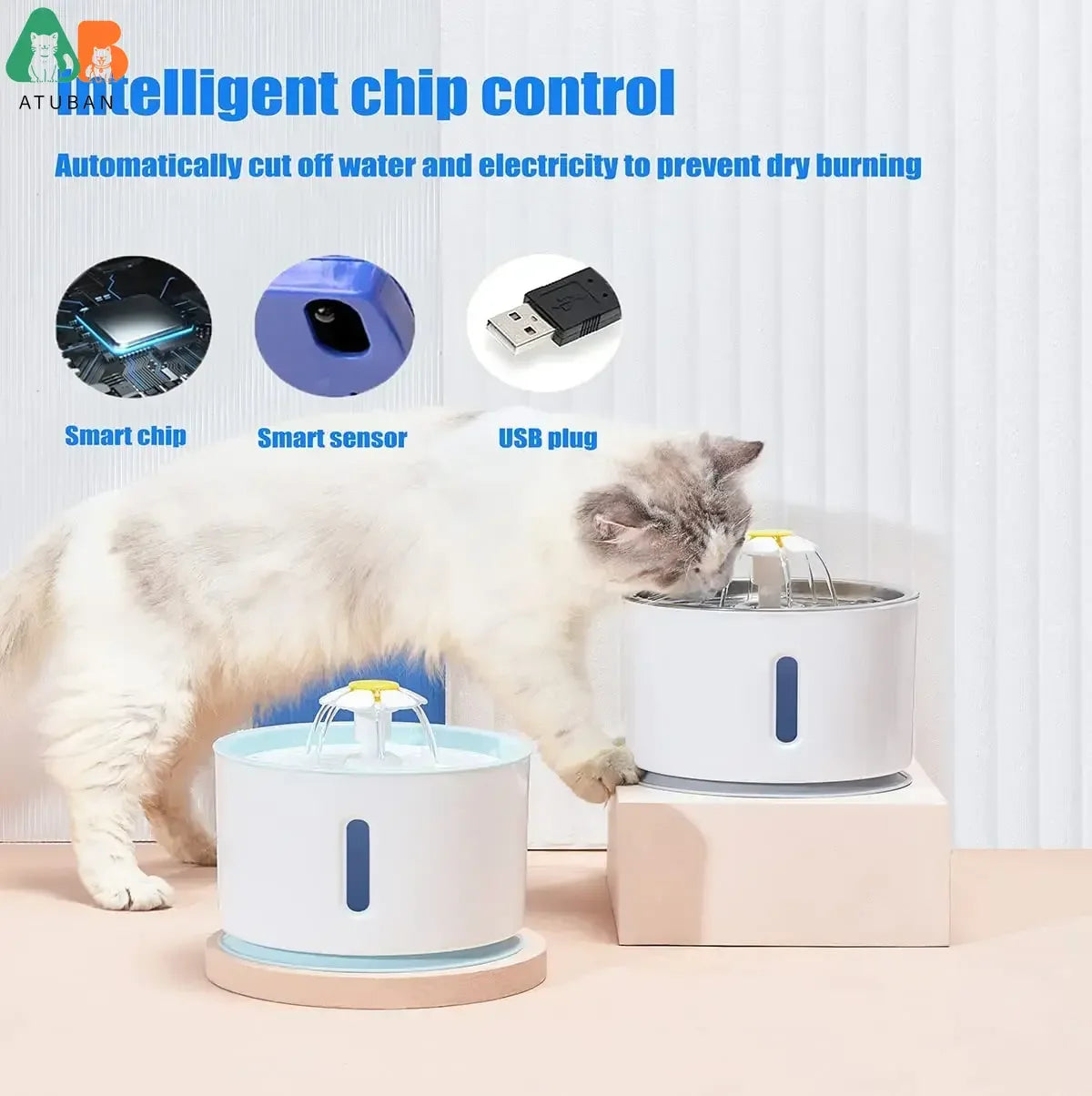 ATUBAN Cat Water Fountain, 81oz/2.4L Pet Water Fountain Replacement Filters Stainless Steel Automatic Drinking Fountain for Cats