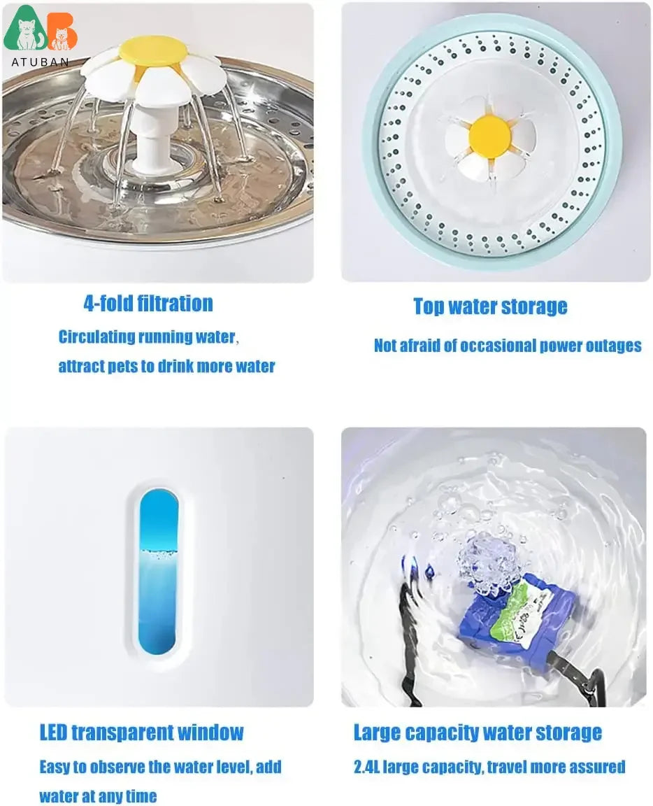 ATUBAN Cat Water Fountain, 81oz/2.4L Pet Water Fountain Replacement Filters Stainless Steel Automatic Drinking Fountain for Cats