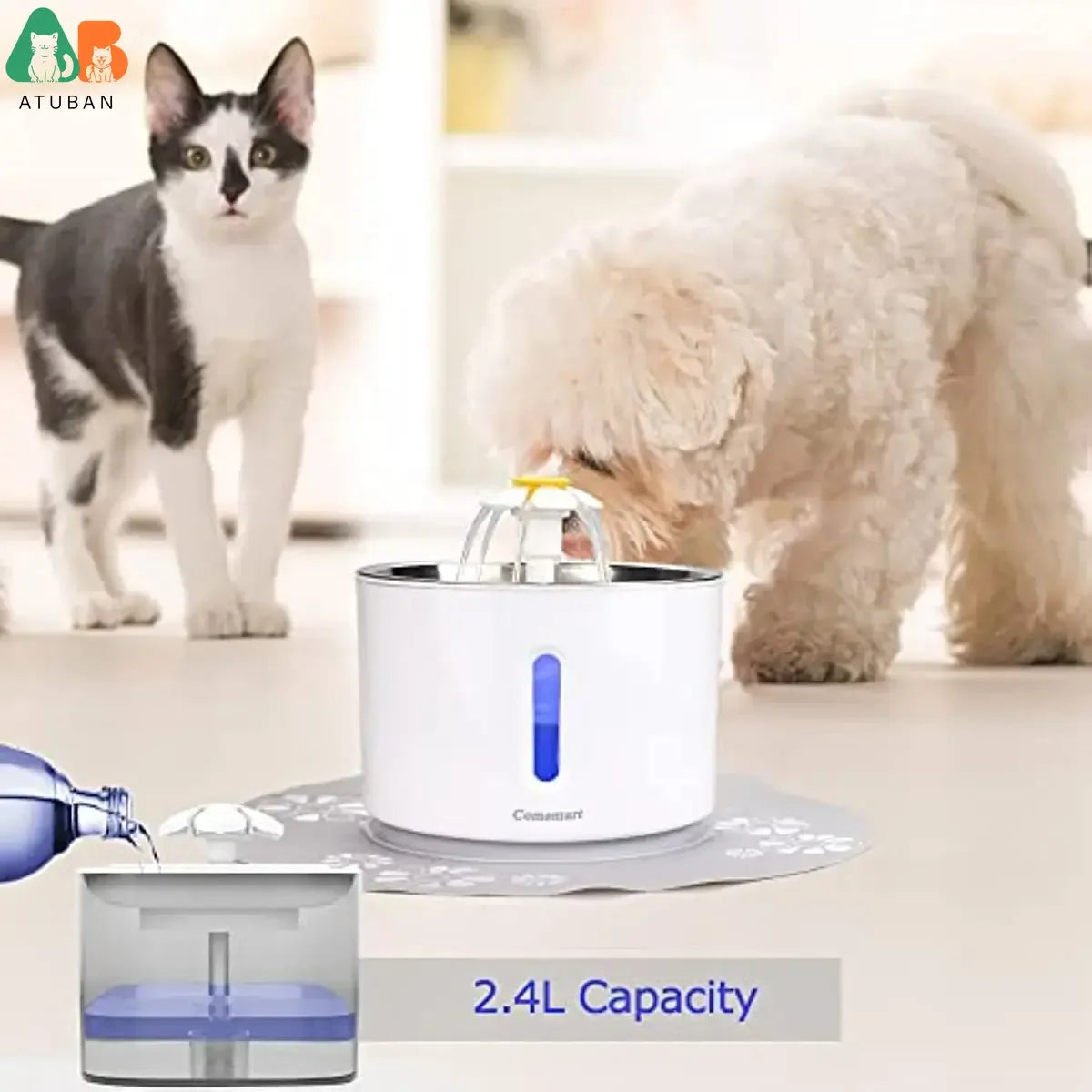 ATUBAN Cat Water Fountain, 81oz/2.4L Pet Water Fountain Replacement Filters Stainless Steel Automatic Drinking Fountain for Cats