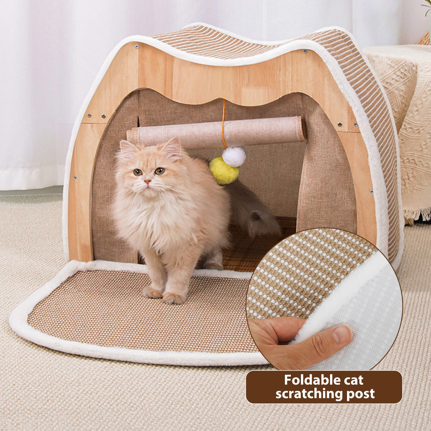 Upgraded Owl-shaped 4-Season Cat Tent Villa, Safe Semi-enclosed Shell Nest, Wear-resistant Sisal Scratching Board, Thick Warm Sleeping Bag, Spacious Multi-function Cat House