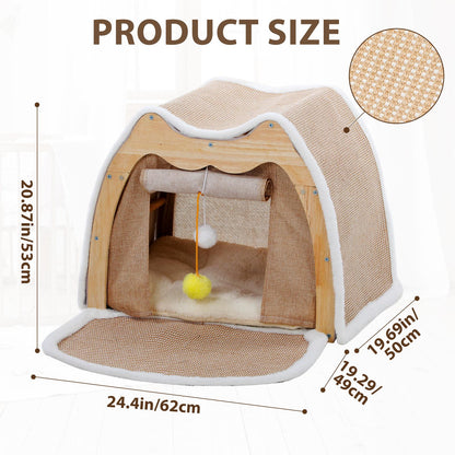 Upgraded Owl-shaped 4-Season Cat Tent Villa, Safe Semi-enclosed Shell Nest, Wear-resistant Sisal Scratching Board, Thick Warm Sleeping Bag, Spacious Multi-function Cat House