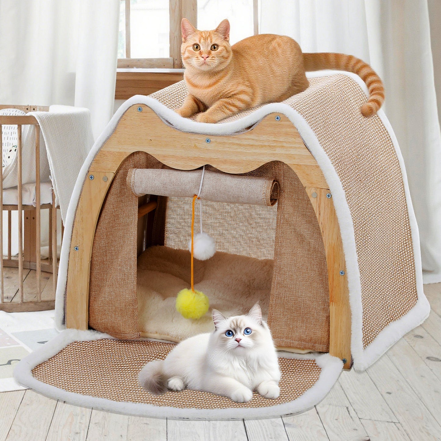 Upgraded Owl-shaped 4-Season Cat Tent Villa, Safe Semi-enclosed Shell Nest, Wear-resistant Sisal Scratching Board, Thick Warm Sleeping Bag, Spacious Multi-function Cat House