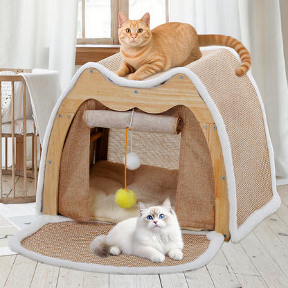 Upgraded Owl-shaped 4-Season Cat Tent Villa, Safe Semi-enclosed Shell Nest, Wear-resistant Sisal Scratching Board, Thick Warm Sleeping Bag, Spacious Multi-function Cat House