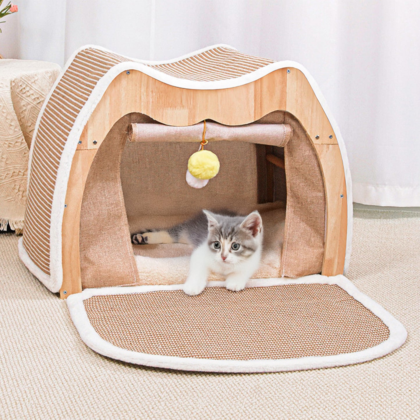 Upgraded Owl-shaped 4-Season Cat Tent Villa, Safe Semi-enclosed Shell Nest, Wear-resistant Sisal Scratching Board, Thick Warm Sleeping Bag, Spacious Multi-function Cat House
