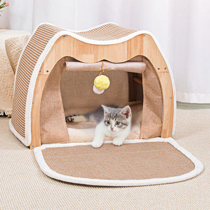 Upgraded Owl-shaped 4-Season Cat Tent Villa, Safe Semi-enclosed Shell Nest, Wear-resistant Sisal Scratching Board, Thick Warm Sleeping Bag, Spacious Multi-function Cat House