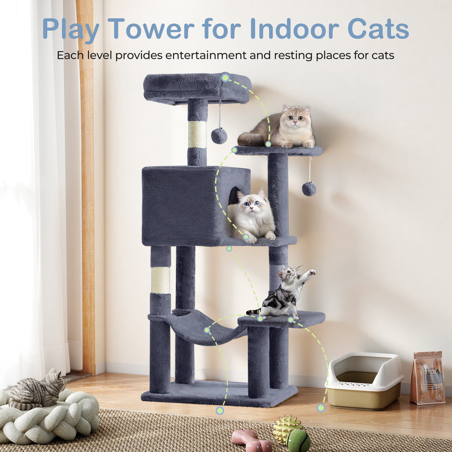 44/54 Inch Indoor Cat Tree, Cat Tower - Multi-Level Cat Condo Cat Furniture with Scratching Post, Hammock, Cave, Anti-Tilt Stable House Condo Pet Playhouse, Easy to Assemble, Perfect Gift for Indoor Kittens And Cats, Pet Home