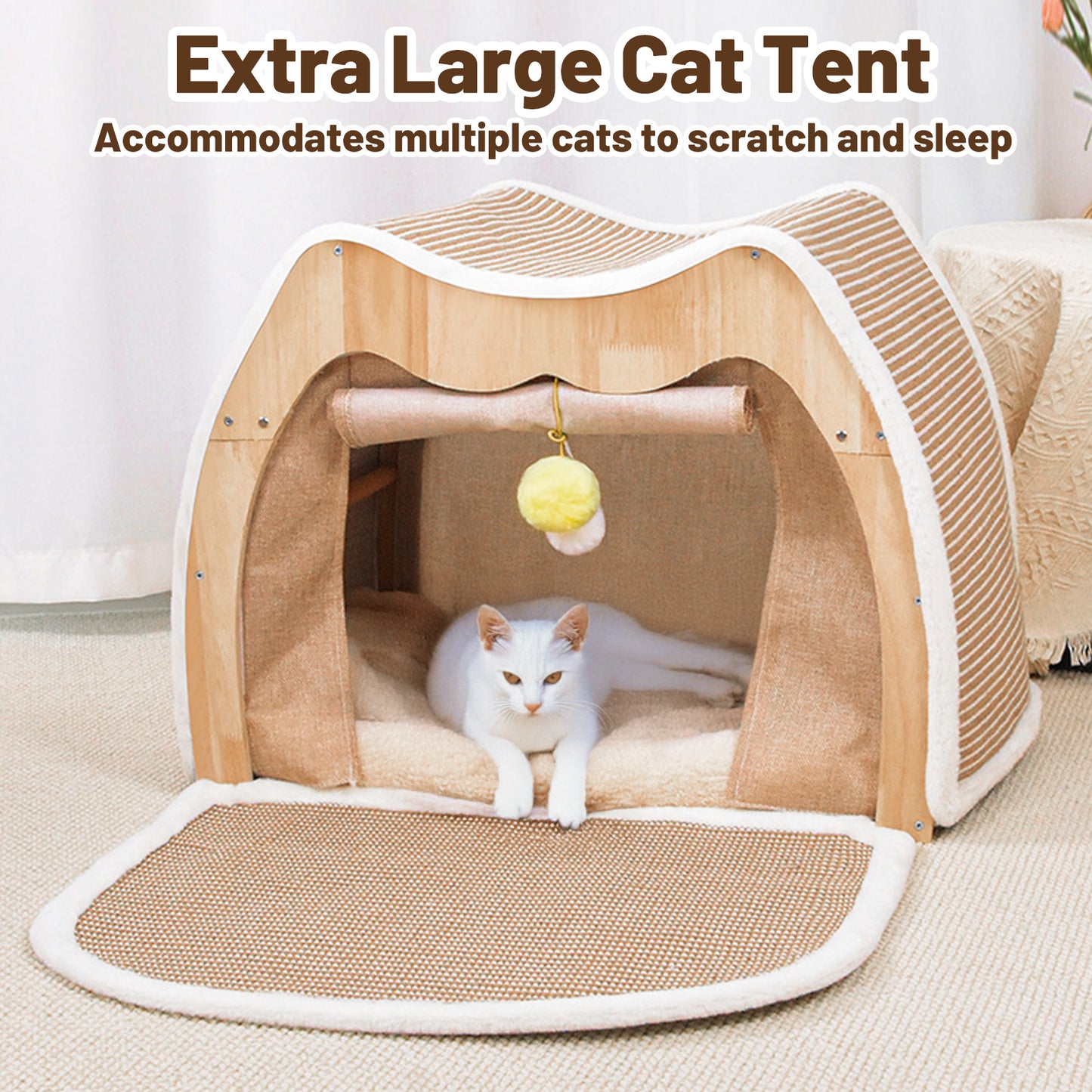 Upgraded Owl-shaped 4-Season Cat Tent Villa, Safe Semi-enclosed Shell Nest, Wear-resistant Sisal Scratching Board, Thick Warm Sleeping Bag, Spacious Multi-function Cat House