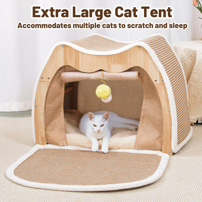 Upgraded Owl-shaped 4-Season Cat Tent Villa, Safe Semi-enclosed Shell Nest, Wear-resistant Sisal Scratching Board, Thick Warm Sleeping Bag, Spacious Multi-function Cat House