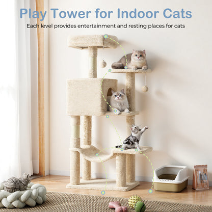 44/54 Inch Indoor Cat Tree, Cat Tower - Multi-Level Cat Condo Cat Furniture with Scratching Post, Hammock, Cave, Anti-Tilt Stable House Condo Pet Playhouse, Easy to Assemble, Perfect Gift for Indoor Kittens And Cats, Pet Home