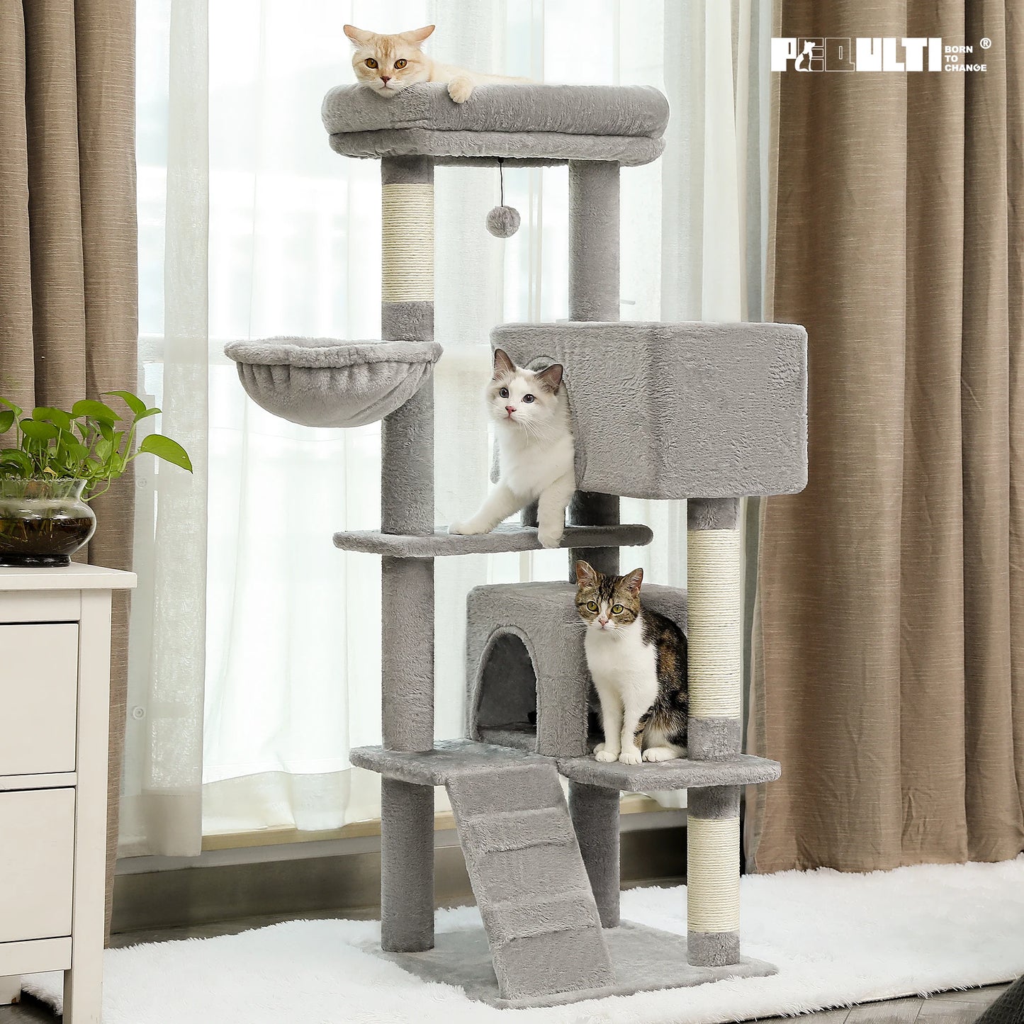Multi-Level Cat Tree Tower for Indoor Cats – Plush Padded Perches, Cozy Condo Hideaway, Hammock, Sisal Scratching Posts & Interactive Hanging Toy