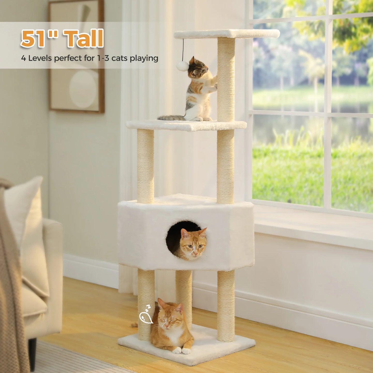 Multi-Level Cat Tree Tower for Indoor Cats – Plush Padded Perches, Cozy Condo Hideaway, Hammock, Sisal Scratching Posts & Interactive Hanging Toy
