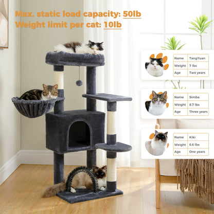 Multi-Level Cat Tree Tower for Indoor Cats – Plush Padded Perches, Cozy Condo Hideaway, Hammock, Sisal Scratching Posts & Interactive Hanging Toy