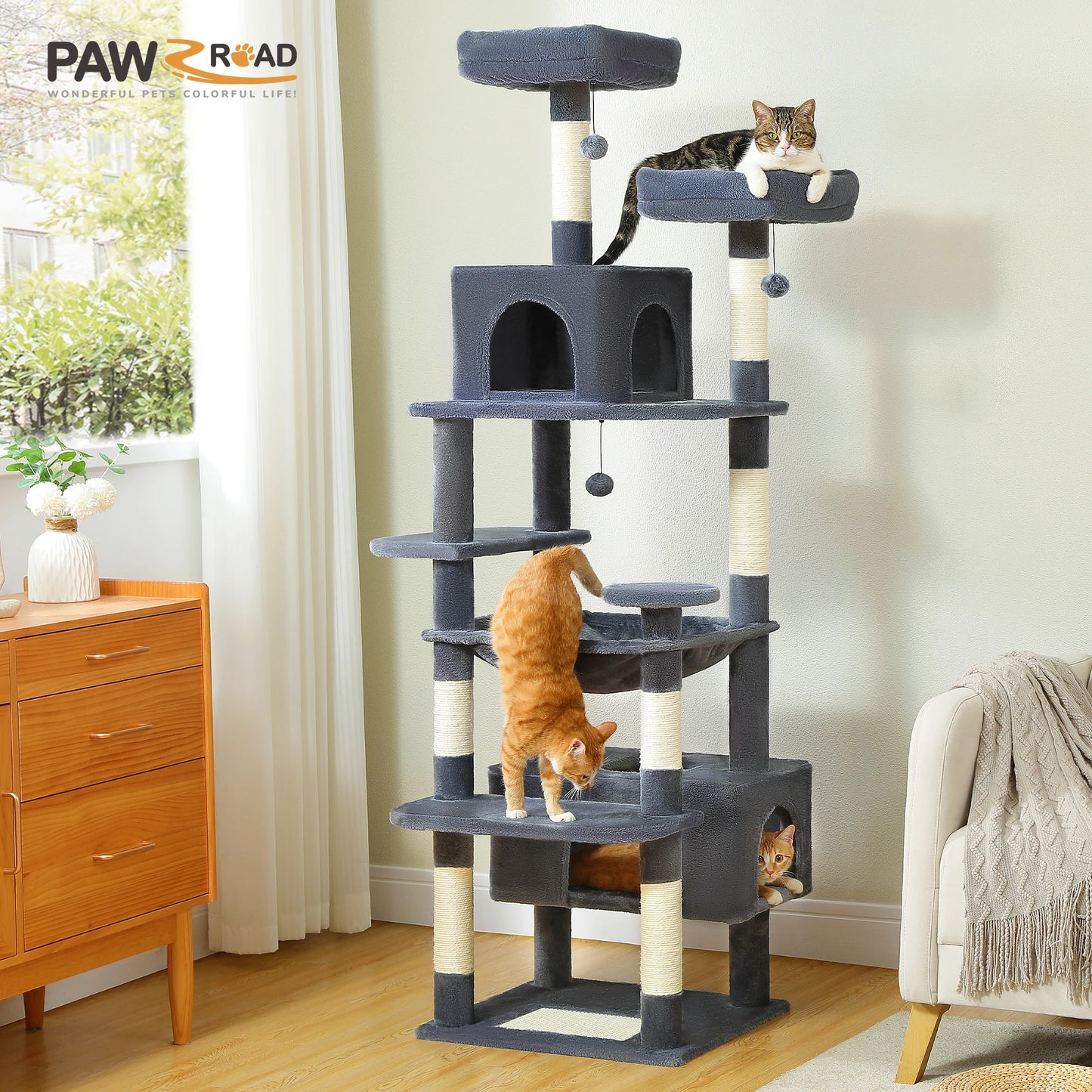 Large Multi-Level Cat Tree Tower for Indoor Cats – Extra Spacious Condo, Wide Hammock, Sisal-Covered Scratching Posts, Padded Perches & Interactive Cat Toys