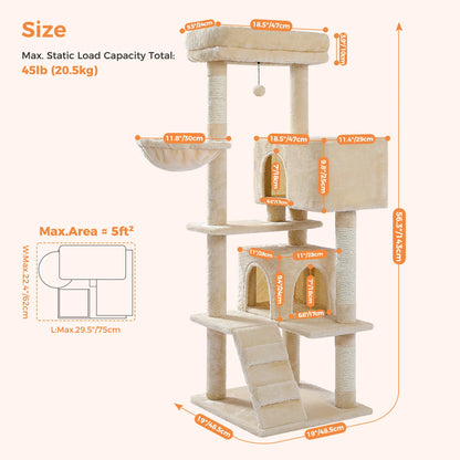 Multi-Level Cat Tree Tower for Indoor Cats – Plush Padded Perches, Cozy Condo Hideaway, Hammock, Sisal Scratching Posts & Interactive Hanging Toy