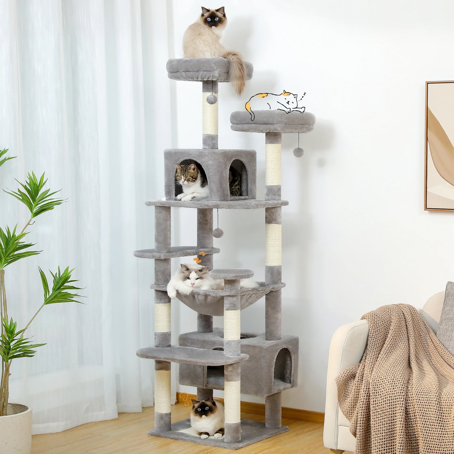 Large Multi-Level Cat Tree Tower for Indoor Cats – Extra Spacious Condo, Wide Hammock, Sisal-Covered Scratching Posts, Padded Perches & Interactive Cat Toys