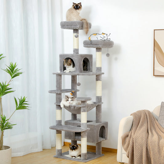 Large Multi-Level Cat Tree Tower for Indoor Cats – Extra Spacious Condo, Wide Hammock, Sisal-Covered Scratching Posts, Padded Perches & Interactive Cat Toys