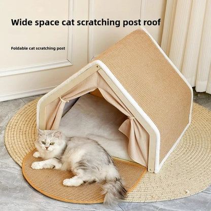 Luxury Winter Cat Tent – Semi-Enclosed Warm Cat Villa with Foldable Sisal Scratching Post, Soft Velvet Cushion & Solid Wood Frame (No-Mess, Scratch-Resistant Design)