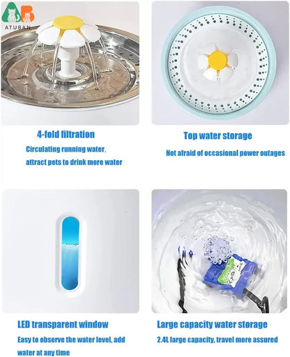 ATUBAN Cat Water Fountain, 81oz/2.4L Pet Water Fountain Replacement Filters Stainless Steel Automatic Drinking Fountain for Cats