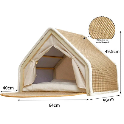 Luxury Winter Cat Tent – Semi-Enclosed Warm Cat Villa with Foldable Sisal Scratching Post, Soft Velvet Cushion & Solid Wood Frame (No-Mess, Scratch-Resistant Design)