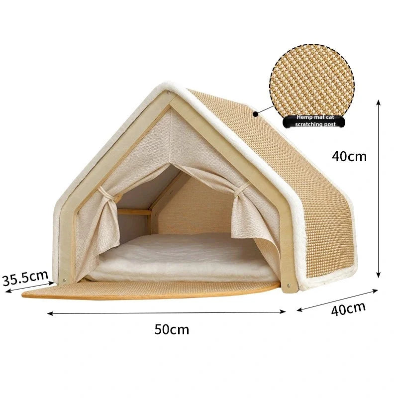 Luxury Winter Cat Tent – Semi-Enclosed Warm Cat Villa with Foldable Sisal Scratching Post, Soft Velvet Cushion & Solid Wood Frame (No-Mess, Scratch-Resistant Design)