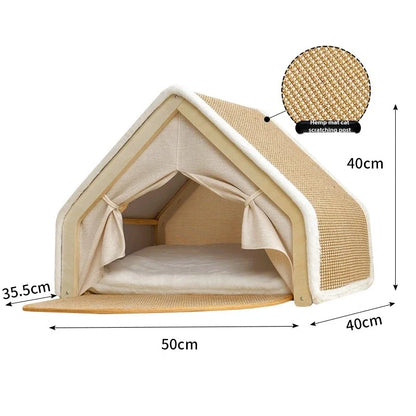Luxury Winter Cat Tent – Semi-Enclosed Warm Cat Villa with Foldable Sisal Scratching Post, Soft Velvet Cushion & Solid Wood Frame (No-Mess, Scratch-Resistant Design)