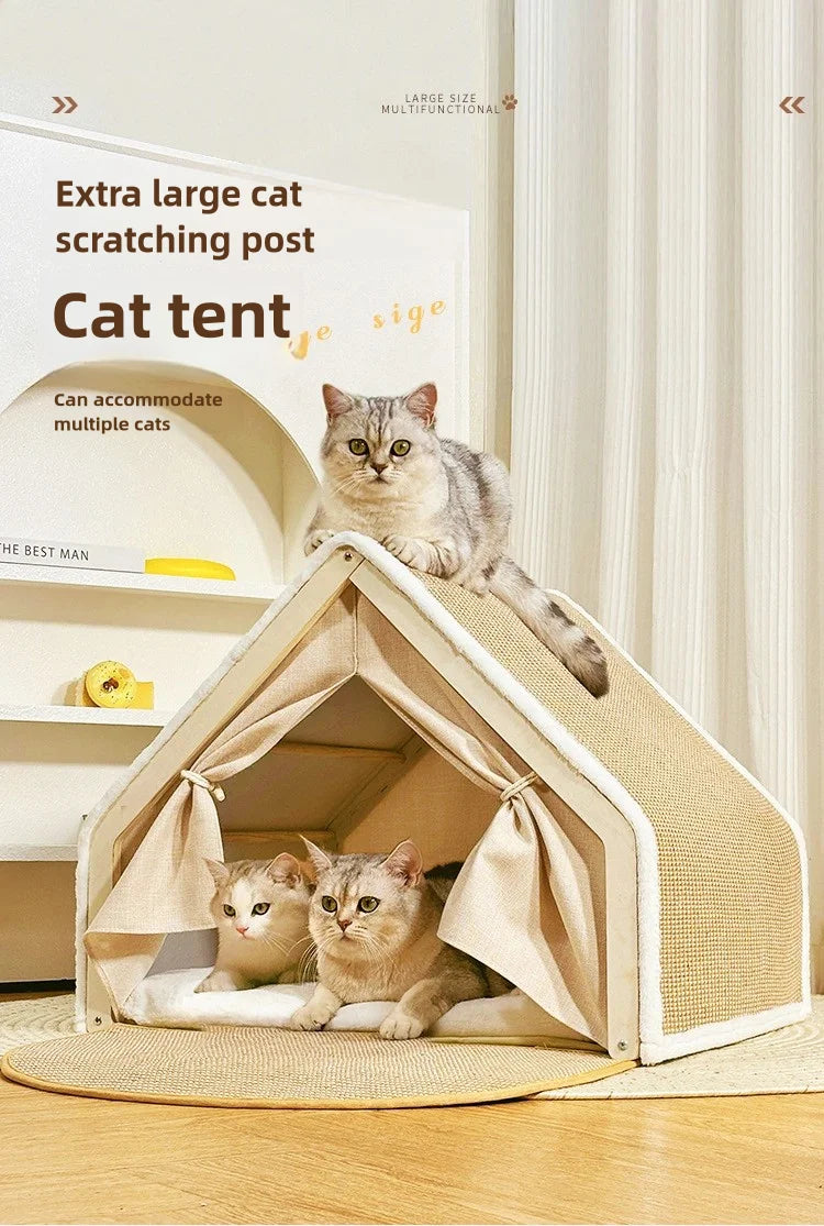 Luxury Winter Cat Tent – Semi-Enclosed Warm Cat Villa with Foldable Sisal Scratching Post, Soft Velvet Cushion & Solid Wood Frame (No-Mess, Scratch-Resistant Design)