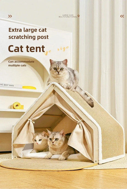 Luxury Winter Cat Tent – Semi-Enclosed Warm Cat Villa with Foldable Sisal Scratching Post, Soft Velvet Cushion & Solid Wood Frame (No-Mess, Scratch-Resistant Design)
