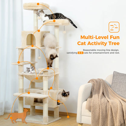 Large Multi-Level Cat Tree Tower for Indoor Cats – Extra Spacious Condo, Wide Hammock, Sisal-Covered Scratching Posts, Padded Perches & Interactive Cat Toys