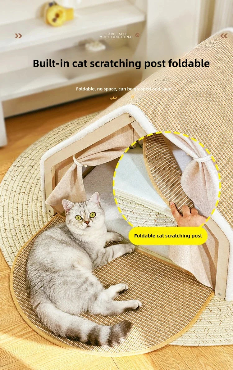 Luxury Winter Cat Tent – Semi-Enclosed Warm Cat Villa with Foldable Sisal Scratching Post, Soft Velvet Cushion & Solid Wood Frame (No-Mess, Scratch-Resistant Design)