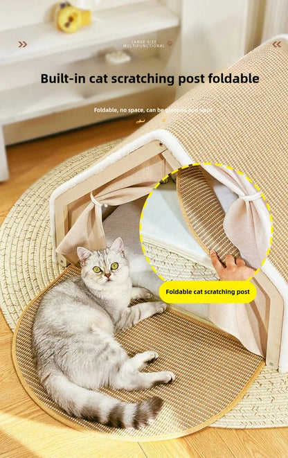 Luxury Winter Cat Tent – Semi-Enclosed Warm Cat Villa with Foldable Sisal Scratching Post, Soft Velvet Cushion & Solid Wood Frame (No-Mess, Scratch-Resistant Design)