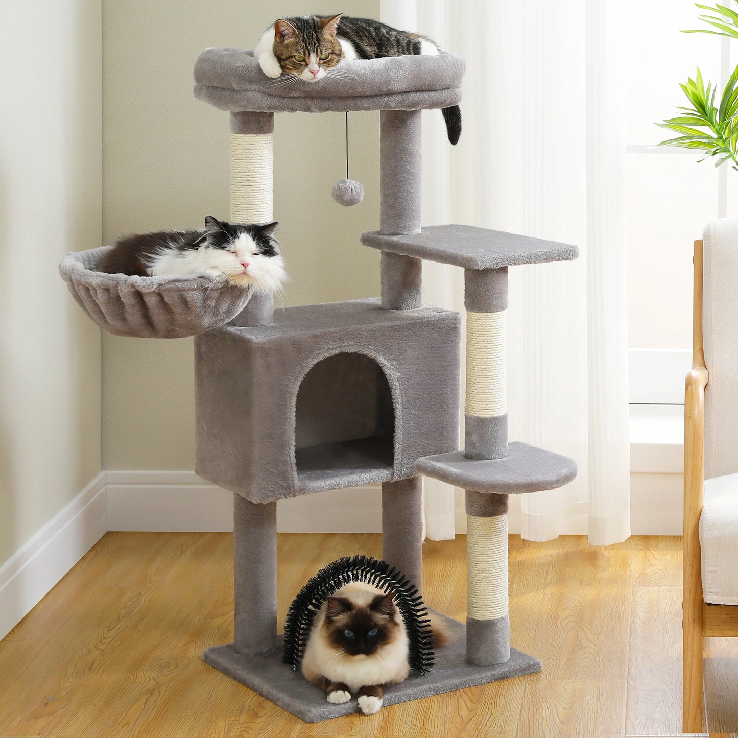Multi-Level Cat Tree Tower for Indoor Cats – Plush Padded Perches, Cozy Condo Hideaway, Hammock, Sisal Scratching Posts & Interactive Hanging Toy