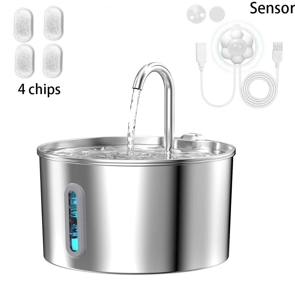 2.2L Stainless steel pet water fountain, artesian water fountain for cats, ultra-quiet water pump with filter
