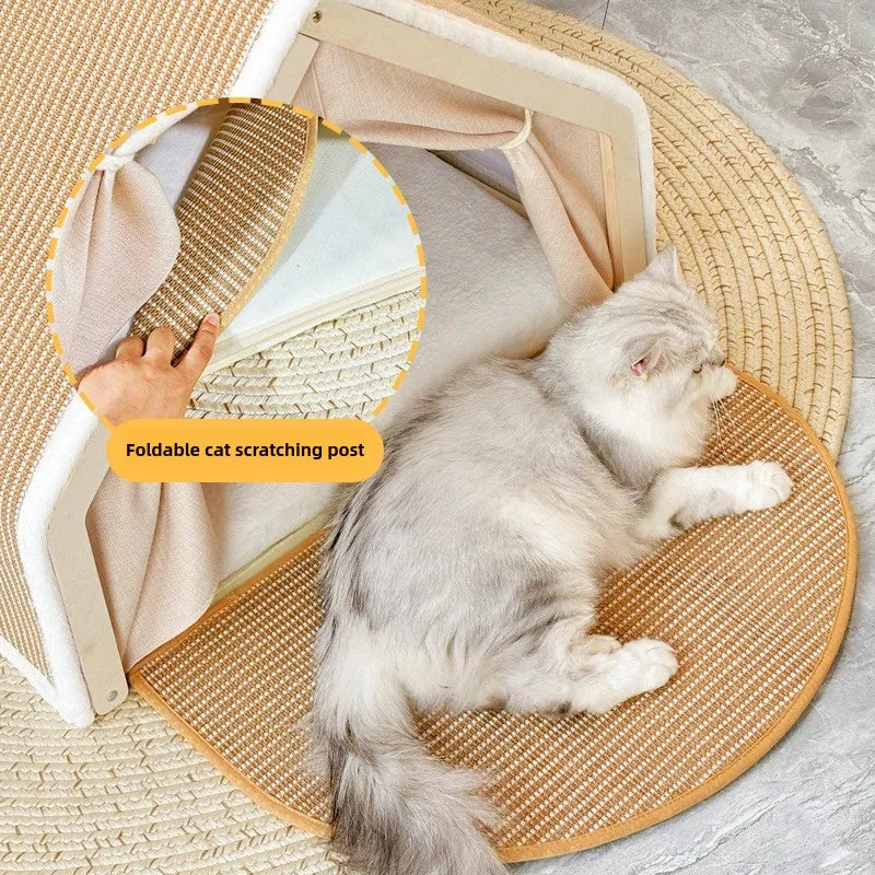 Luxury Winter Cat Tent – Semi-Enclosed Warm Cat Villa with Foldable Sisal Scratching Post, Soft Velvet Cushion & Solid Wood Frame (No-Mess, Scratch-Resistant Design)