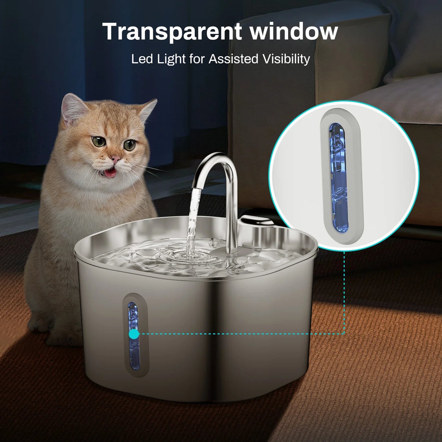 2.2L Stainless steel pet water fountain, artesian water fountain for cats, ultra-quiet water pump with filter