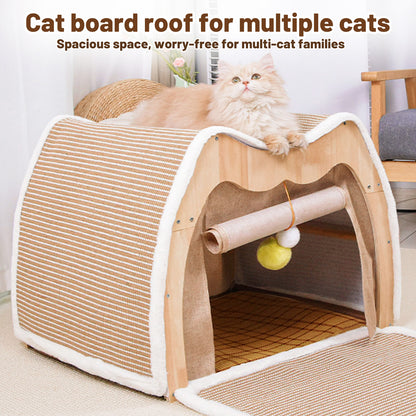 Upgraded Owl-shaped 4-Season Cat Tent Villa, Safe Semi-enclosed Shell Nest, Wear-resistant Sisal Scratching Board, Thick Warm Sleeping Bag, Spacious Multi-function Cat House