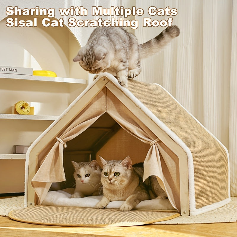 Extra Large Semi-Enclosed Cat Nest with Scratching Post & Balcony