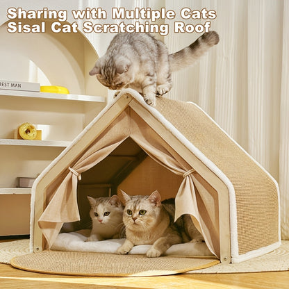 Extra Large Semi-Enclosed Cat Nest with Scratching Post & Balcony