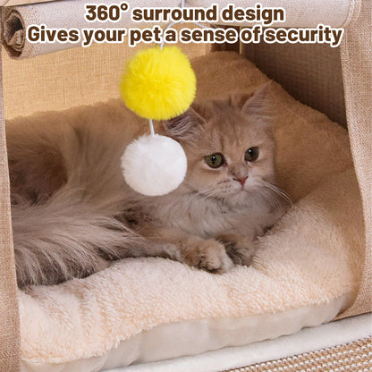 Upgraded Owl-shaped 4-Season Cat Tent Villa, Safe Semi-enclosed Shell Nest, Wear-resistant Sisal Scratching Board, Thick Warm Sleeping Bag, Spacious Multi-function Cat House
