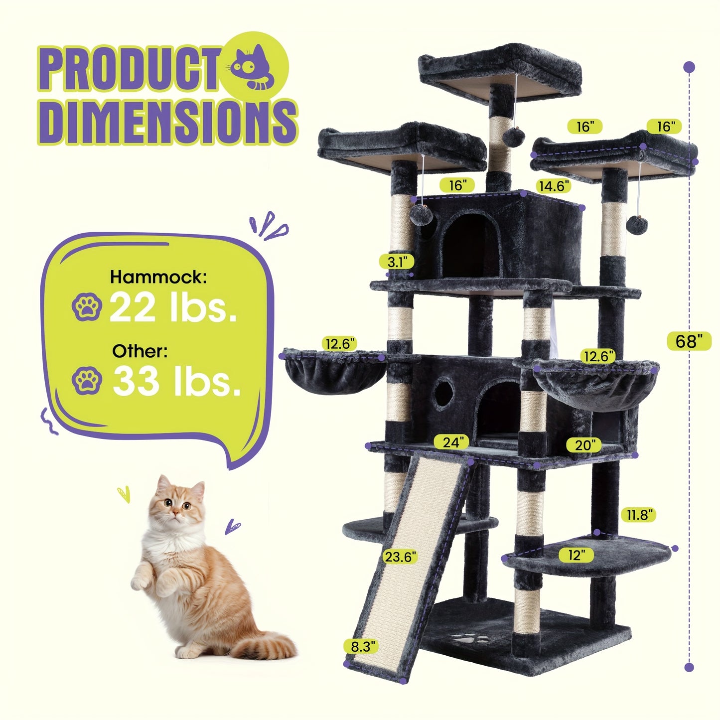 Multi-Level Cat Tree Tower for Indoor Cats – Space-Saving Modern Design with Plush Perches, Sisal Scratching Posts & Play Platforms