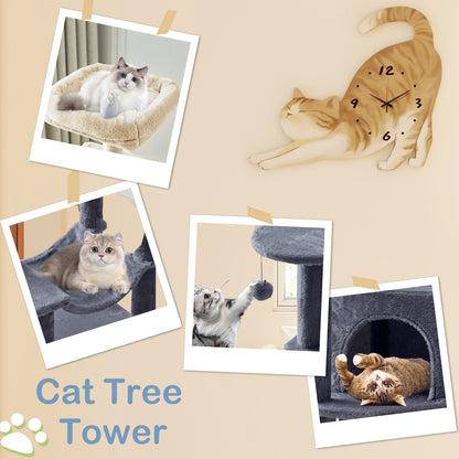 44/54 Inch Indoor Cat Tree, Cat Tower - Multi-Level Cat Condo Cat Furniture with Scratching Post, Hammock, Cave, Anti-Tilt Stable House Condo Pet Playhouse, Easy to Assemble, Perfect Gift for Indoor Kittens And Cats, Pet Home