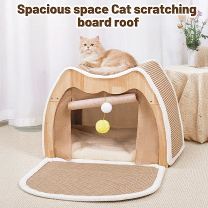 Upgraded Owl-shaped 4-Season Cat Tent Villa, Safe Semi-enclosed Shell Nest, Wear-resistant Sisal Scratching Board, Thick Warm Sleeping Bag, Spacious Multi-function Cat House
