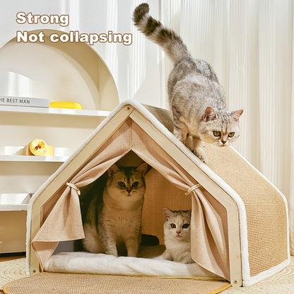 Extra Large Semi-Enclosed Cat Nest with Scratching Post & Balcony